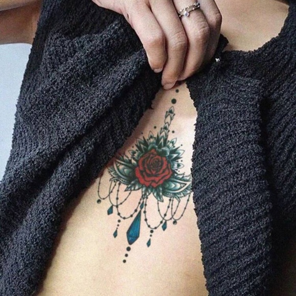 1pc Sexy Underboob Temporary Tattoo Sticker, Rose Flower & Gemstone Pattern - Picture 4 of 4